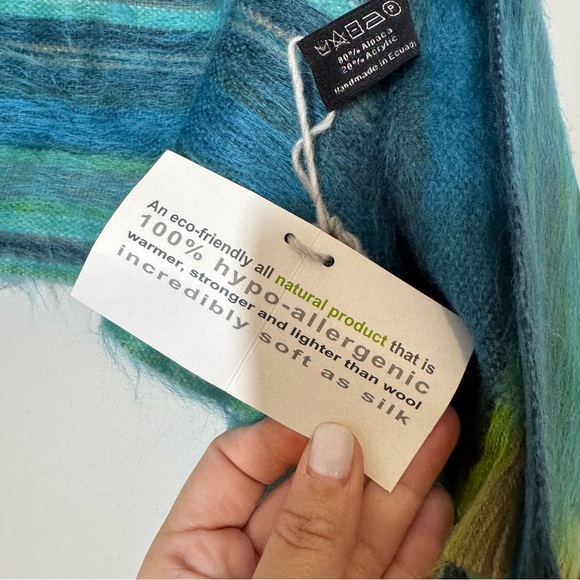 Shupaca Alpaca Scarf Blue Tini Teal Mint Green Stripe Silky Soft Wrap NWT Gift - Picture 5 of 9